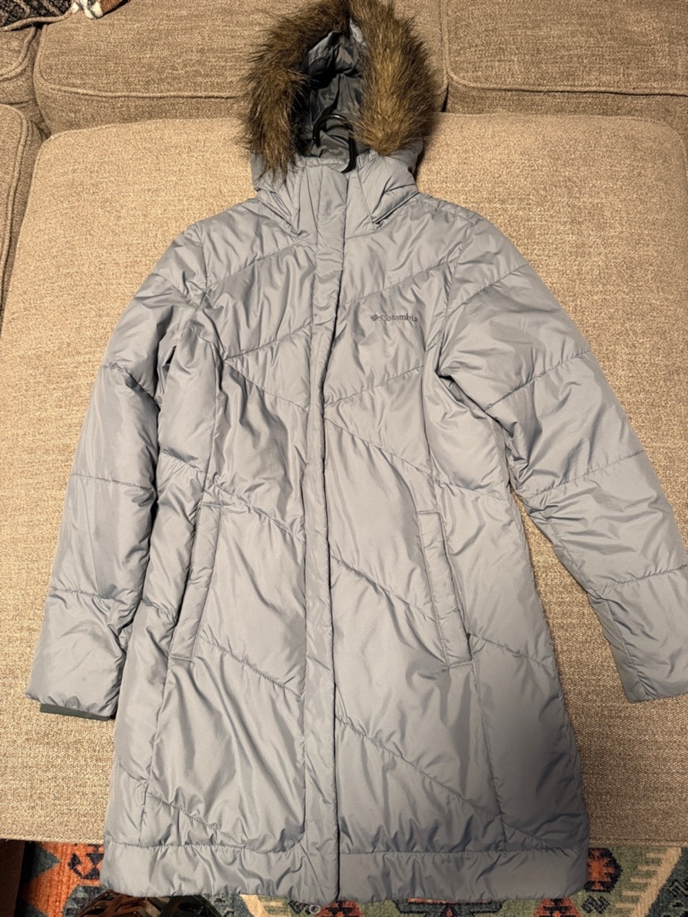 Columbia Women's Light Blue-Gray Long Puffer Coat with Faux Fur Hood, Size Small